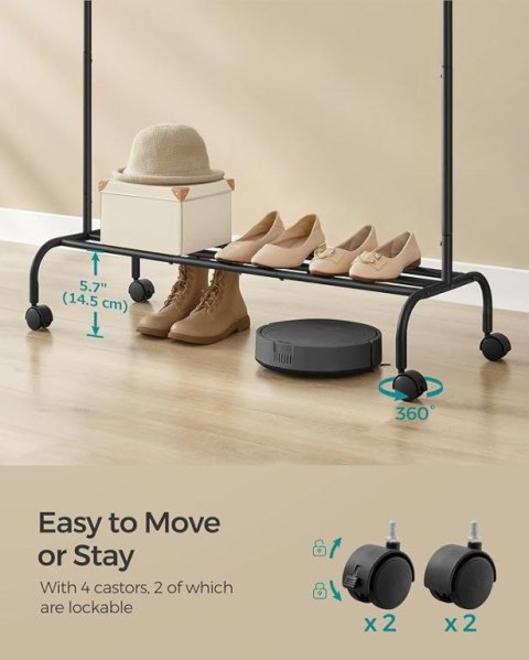 Wieszak na ubrania czarny metalowy z półką i kółkami