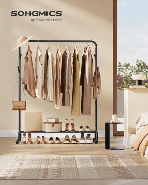 Wieszak na ubrania czarny metalowy z półką i kółkami