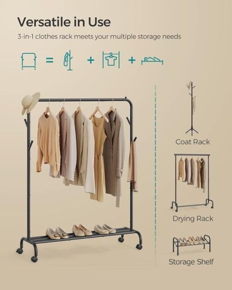 Wieszak na ubrania czarny metalowy z półką i kółkami