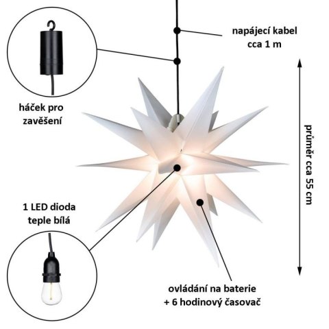 Dekoracja świąteczna - gwiazda 1 LED, 55 cm, biała