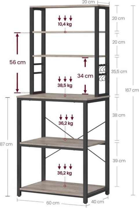 Regał kuchenny 6 półek, stal i drewno, 60x40x167cm