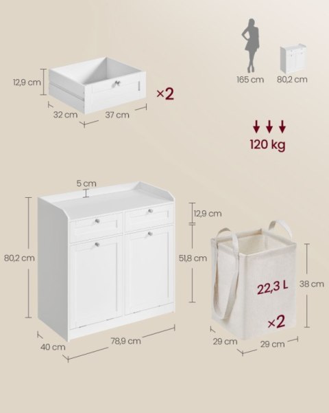Biała szafka łazienkowa z koszami na pranie i szufladami MDF
