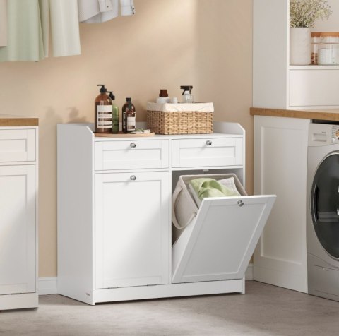Biała szafka łazienkowa z koszami na pranie i szufladami MDF