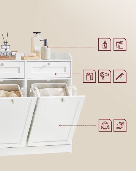 Biała szafka łazienkowa z koszami na pranie i szufladami MDF