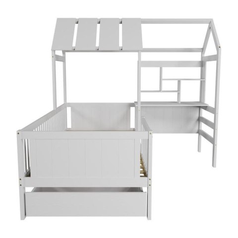 Białe łóżko dziecięce domek Yari z biurkiem i szufladami