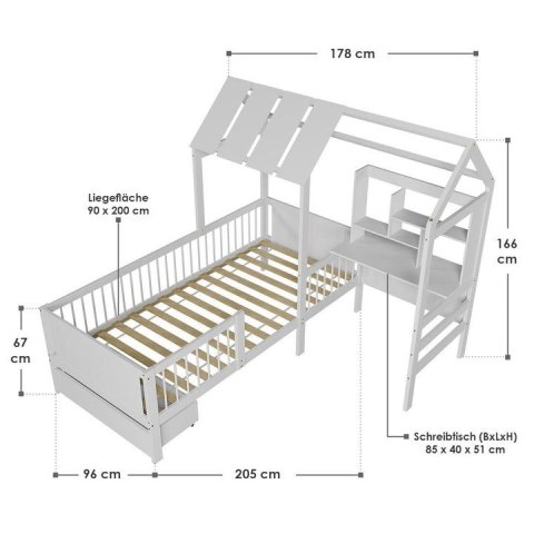 Białe łóżko dziecięce domek Yari z biurkiem i szufladami