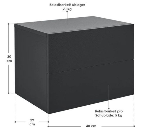 Czarna szafka nocna wisząca 40x29x30 cm, 2 szuflady