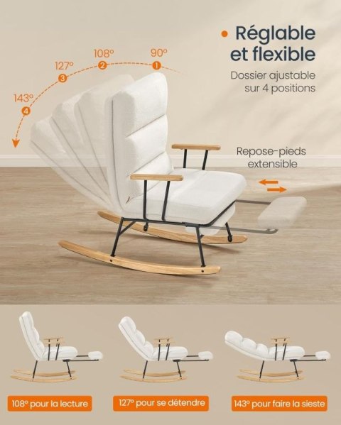 Kremowy fotel bujany z podnóżkiem i regulacją, 160 kg