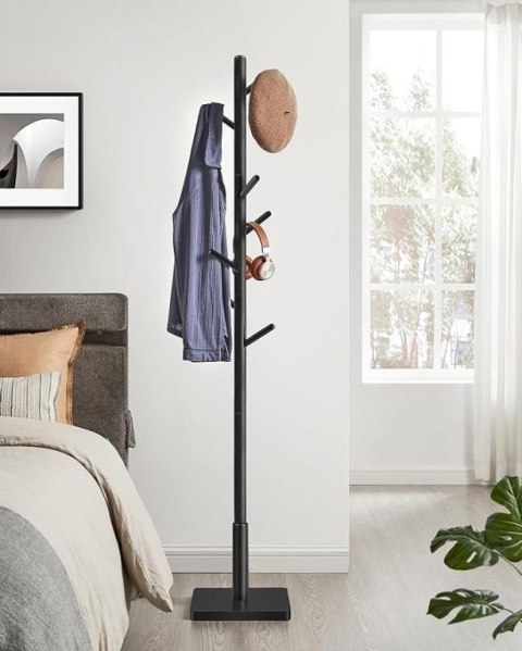 Minimalistyczny czarny stojak na ubrania, drewno kauczukowe