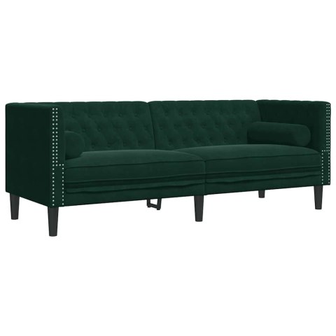 VidaXL Sofa Chesterfield z wałkami, 3-osobowa, ciemnozielona, aksamit