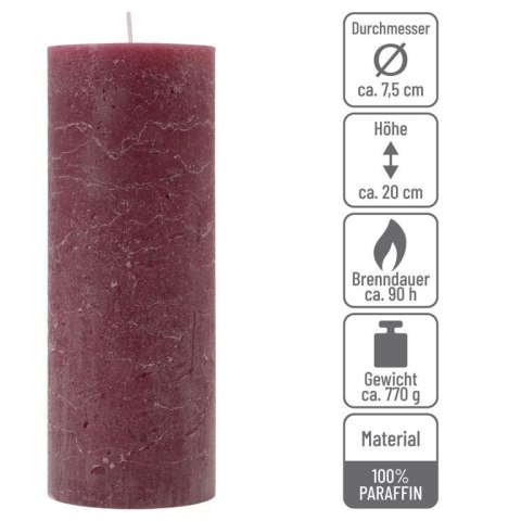 Zestaw świec rustykalnych, 20 cm, Ø 7,5 cm, bordowy, 6 szt.
