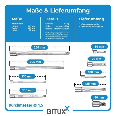 Komplet przedłużek do kluczy nasadowych 1/4 3/8 1/2 cala - 9 sztuk w praktycznym etui