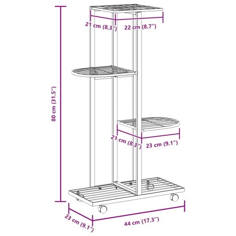 Kwietnik z 4 półkami i kółkami, 44x23x80 cm, czarny, żelazny