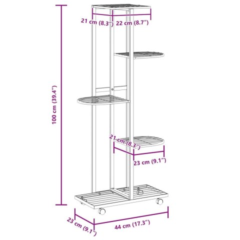 Kwietnik z 5 półkami i kółkami, 44x23x100 cm, czarny, żelazny
