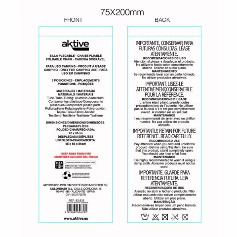 Składane krzesło z zagłówkiem Aktive Niebieski 55 x 86 x 66 cm (2 Sztuk)