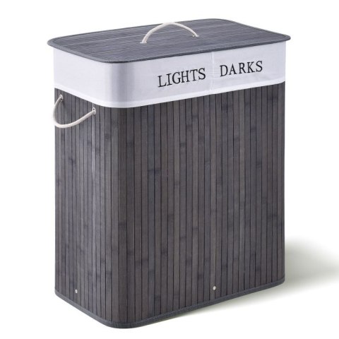 Bambusowy kosz na pranie 100l, 2 komory, szary, worek