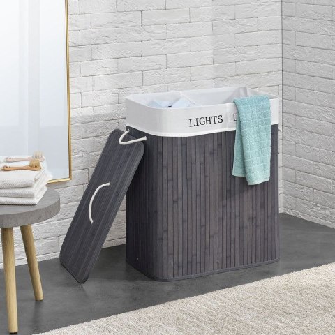 Bambusowy kosz na pranie 100l, 2 komory, szary, worek