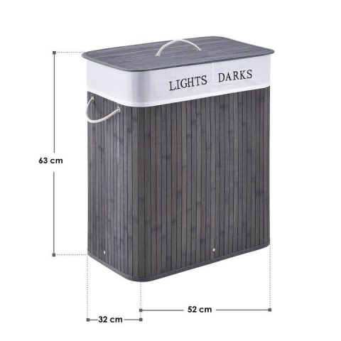 Bambusowy kosz na pranie 100l, 2 komory, szary, worek