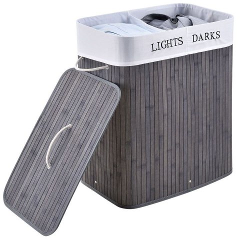 Bambusowy kosz na pranie 100l, 2 komory, szary, worek