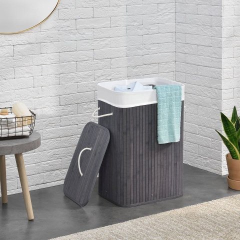 Bambusowy kosz na pranie 72l z pokrywą i workiem, szary