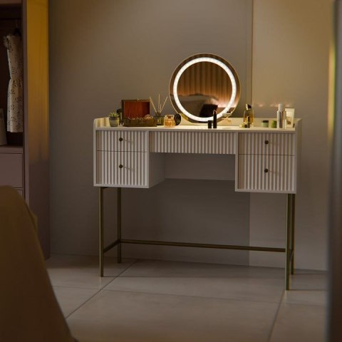 Toaletka Samira LED, 5 szuflad, biało-złota, nowoczesny styl