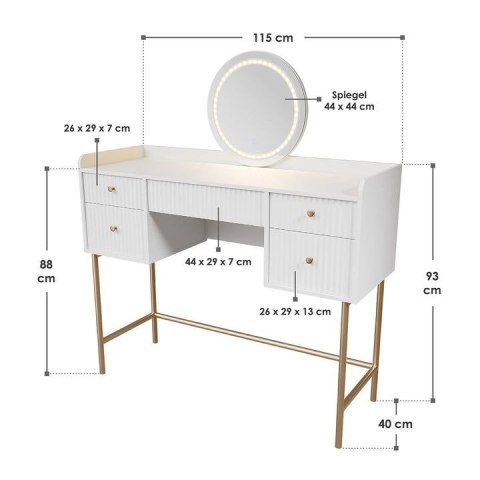 Toaletka Samira LED, 5 szuflad, biało-złota, nowoczesny styl