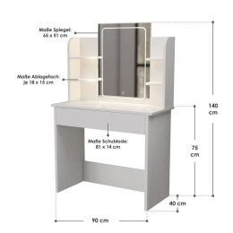 Toaletka Zoey z lustrem LED i 6 półkami, biała, 80x40x140 cm