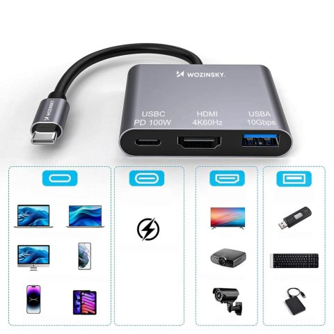 Hub rozdzielacz USB-C na USB-C USB-A HDMI PD 10 Gb/s 4K - szary