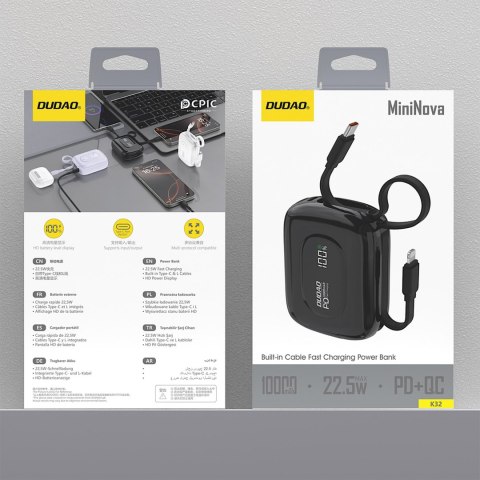 Powerbank K32 10000 mAh z wbudowanym kablem USB-C iPhone Lightning 22.5W - czarny