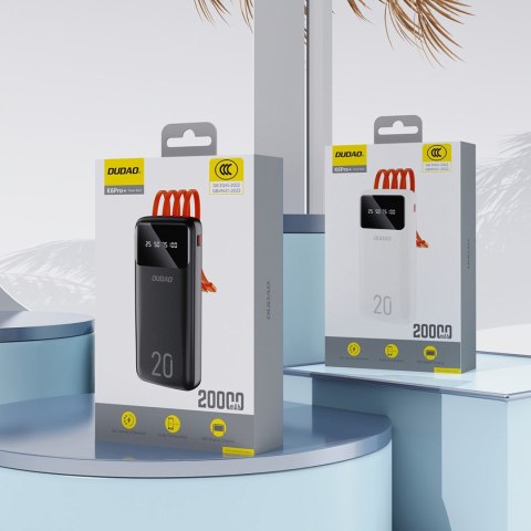 Powerbank K6Pro+ 20000mAh z wbudowanymi kablami USB-C microUSB iPhone Lightning - biały