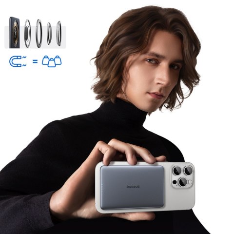 Powerbank ultra cienki 5000mAh 20W MagSafe z kablem USB-C 60W 30cm - szary