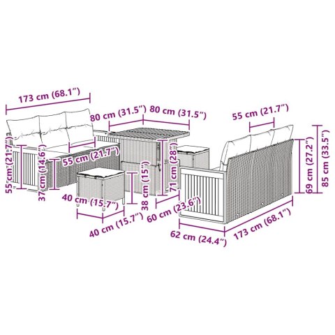 Zestaw Sof na Ogród z poduszką 11 pcs Szary polirattan