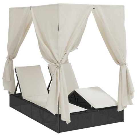 Podwójna Leżanka Słoneczna z Dachem Czarny 205 x 129 x 200 cm