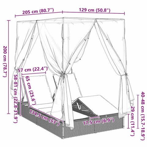 Podwójna Leżanka Słoneczna z Dachem Czarny 205 x 129 x 200 cm