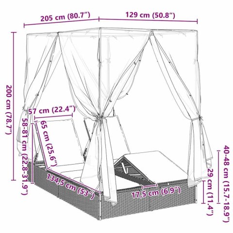 Podwójna Leżanka Słoneczna z Dachem z zasłonami Jasnoszary
