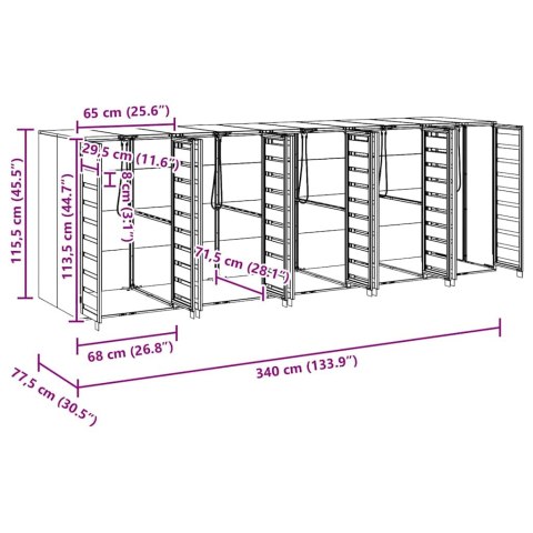 Przechowalnia na 3 kosze na odpady 340 x 77.5 x 115.5 cm Stal