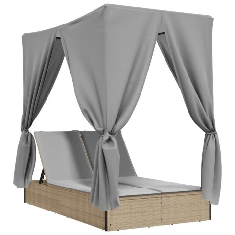 Podwójna leżanka z daszkiem i zasłonami, beżowy polirattan