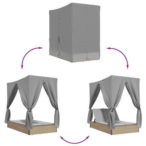 Podwójna leżanka z daszkiem i zasłonami, beżowy polirattan