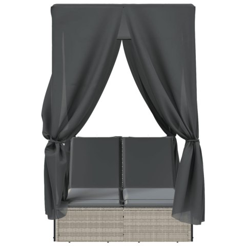 Podwójna leżanka z daszkiem i zasłonami, jasnoszary polirattan