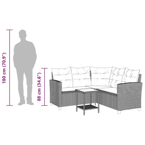 Sofa ogrodowa ze stołem i poduszkami w kształcie litery L