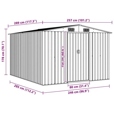 Szopa ogrodowa, 257 x 298 x 178 cm, metal, szara