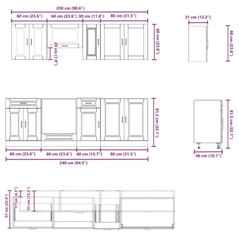 Zestaw szafek kuchennych, Porto, 8-częściowy, przydymiony dąb