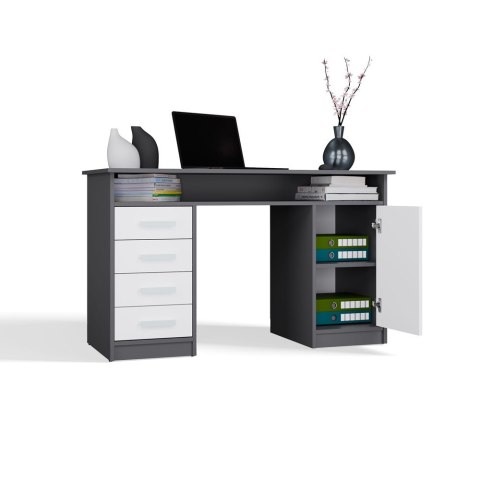 BIURKO ADA ANTRACYT BIAŁY 125 Cm 4 Szuflady Szafka Półki Do Biura Pokoju Na Laptop