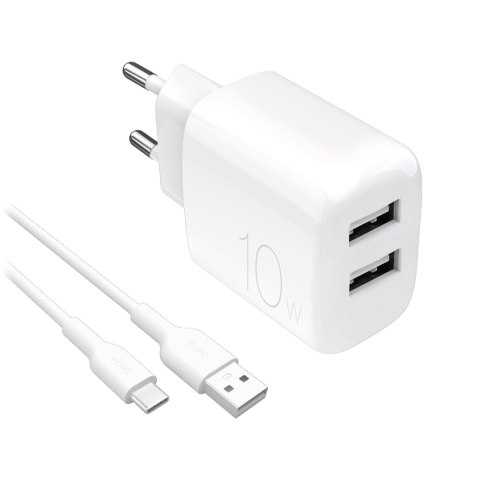 Ładowarka sieciowa 2x USB-A PROLITE 10W z kablem USB-A - USB-C 1.2m - biała