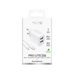 Ładowarka sieciowa 2x USB-A PROLITE 10W z kablem USB-A - USB-C 1.2m - biała