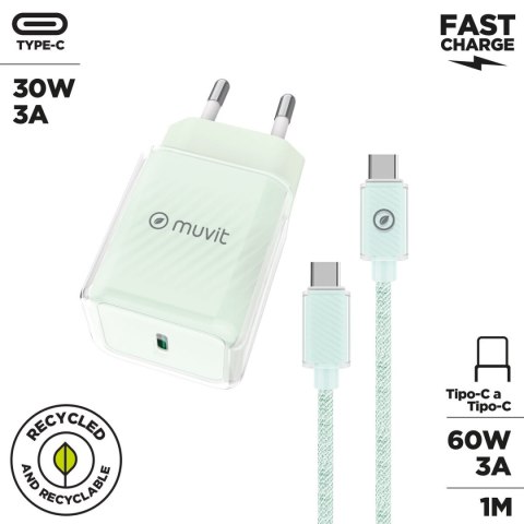 Ładowarka ścienna + kabel-USB-C Muvit for Change Glass GaN Kolor Zielony