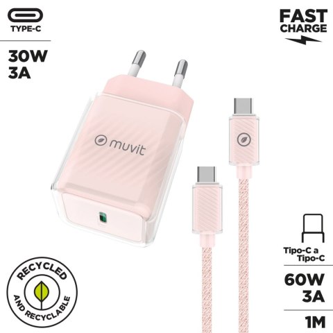 Ładowarka ścienna + kabel-USB-C Muvit for Change Glass GaN Różowy