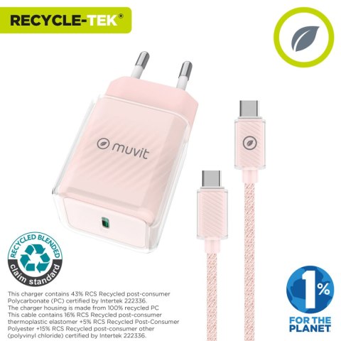 Ładowarka ścienna + kabel-USB-C Muvit for Change Glass GaN Różowy