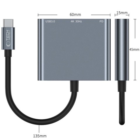 3w1 HUB rozdzielacz USB-C na USB-A USB-C PD 100W HDMI 4K 30Hz - szary