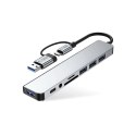 HUB rozdzielacz wielofunkcyjny 8w1 USB-C USB-A SD/TF AV3.5 - szary